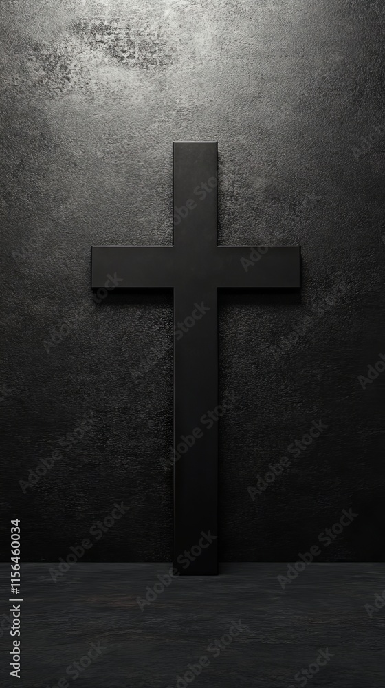 Poster a black cross is standing in front of a wall. the wall is made of concrete and has a rough texture. 