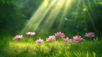 Fototapeta premium A Vibrant Field of Pink Cosmos Flowers in Full Bloom