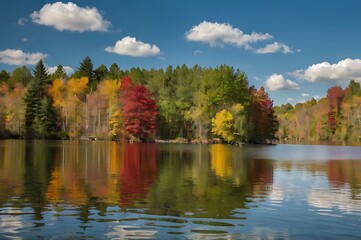 A autumn lake scenery and the trees are full with colorful leaves and flowers