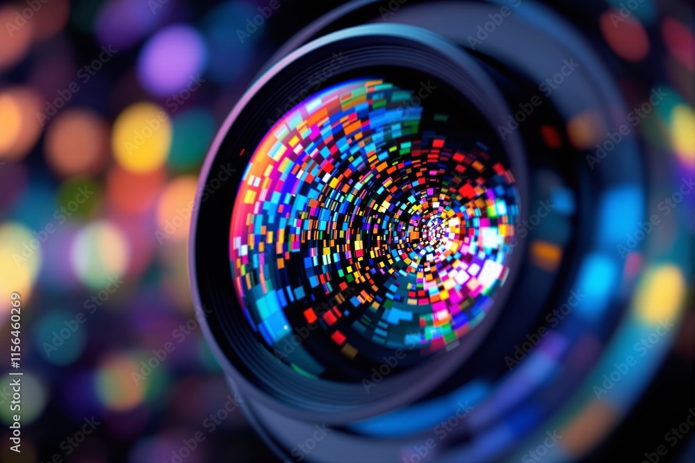 Poster abstract view of colorful pixelated patterns inside a camera lens, vibrant bokeh lights in the backg