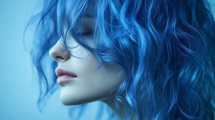 Fototapeta premium Close-up Photo: Serene Woman with Vivid Blue Curly Hair, Gently Posing Against a Soft Blue Background. AI Generated