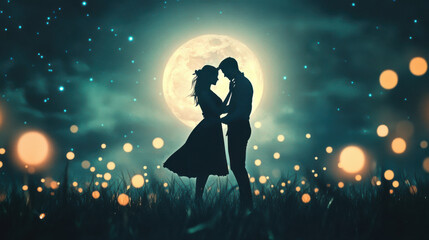 Obraz premium Romantic Silhouette of a Couple Embracing Under a Bright Full Moon Surrounded by Glowing Orbs in a Dreamy Night Landscape