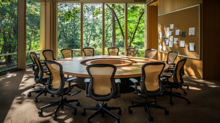 Fototapeta premium Eco-Conscious Meeting Space with Reclaimed Wood Table and Ergonomic Chairs