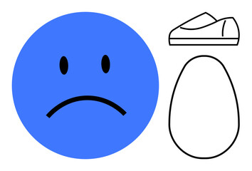 Blue sad face emoticon with black eyes and mouth, ovular shape, and a simple shoe form. Ideal for emotion representation, graphic design, education, communication, digital messaging, social media