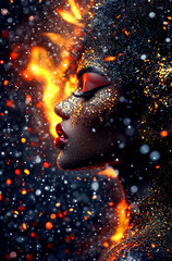 A woman with red lipstick and red eyeshadow is surrounded by a lot of glitter. The glitter is falling on her face and body, creating a beautiful and ethereal effect