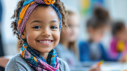 Joyful young girl with curly hair wearing colorful scarf and headband, smiling brightly in a classroom setting surrounded by classmates engaged in learning activities
