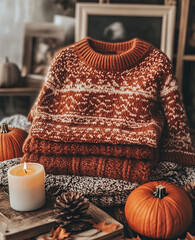 A stack of autumn-themed sweaters and candles, perfect for fall fashion photography, with pumpkins scattered around. The sweater is in rich orange tones