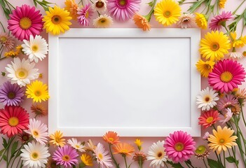 Fototapeta premium Colorful Gerbera Daisies Frame White Blank Picture