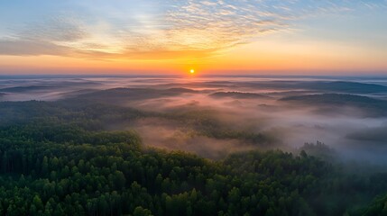 Fototapeta premium Stunning Aerial Photo: Sunrise Gently Illuminates Misty Forest Landscape. AI Generated