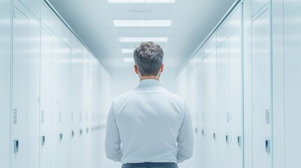 Fototapeta premium Man in a White Shirt Standing in a Bright and Modern Hallway Surrounded by White Storage Cabinets, Evoking a Sense of Peace and Professionalism in an Office Environment