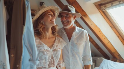 Couple smiles and chats while packing for their romantic getaway in the bedroom