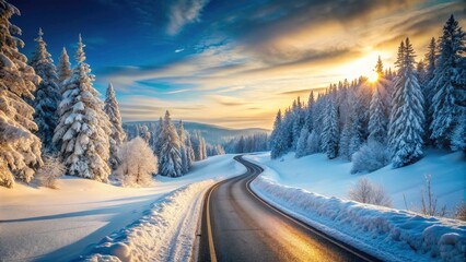 Minimalist Winter Wonderland: Snowy Road, High Depth of Field Photography