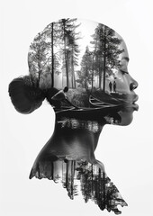 Double Exposure Vector of Bald Black Woman with Nature Elements