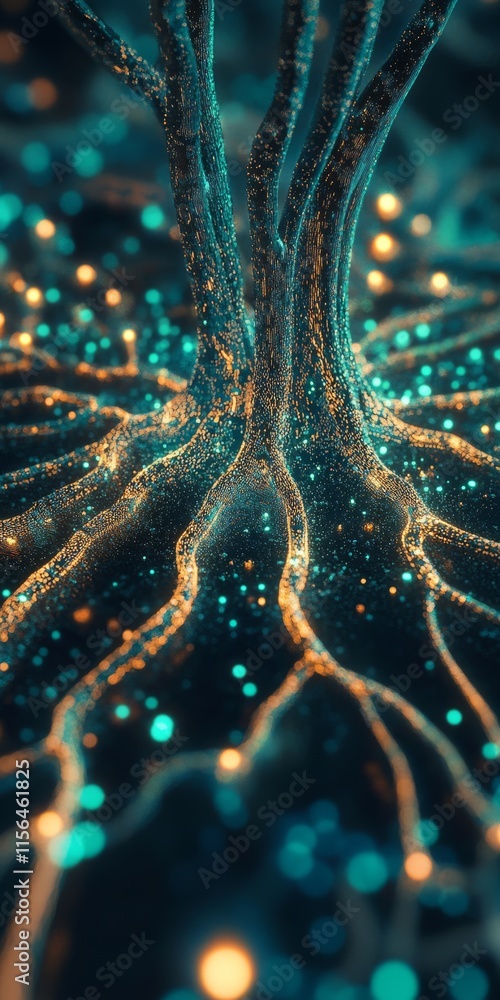 Poster a tree made of glowing lights. the lights are in different colors and are scattered all over the tre