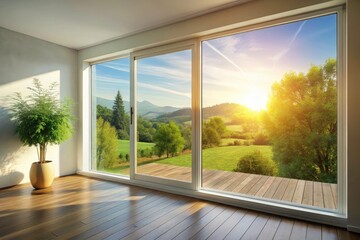 Fototapeta premium Modern Minimalist Home Interior: Sliding Glass Window, White Walls, Natural Light, Scenic View, Landscape Photography