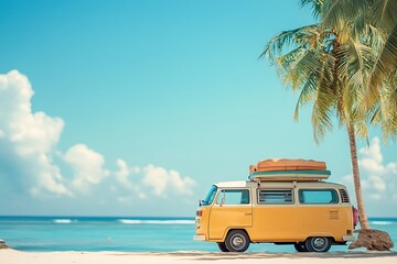 Fototapeta premium Yellow Vintage Van on Tropical Beach