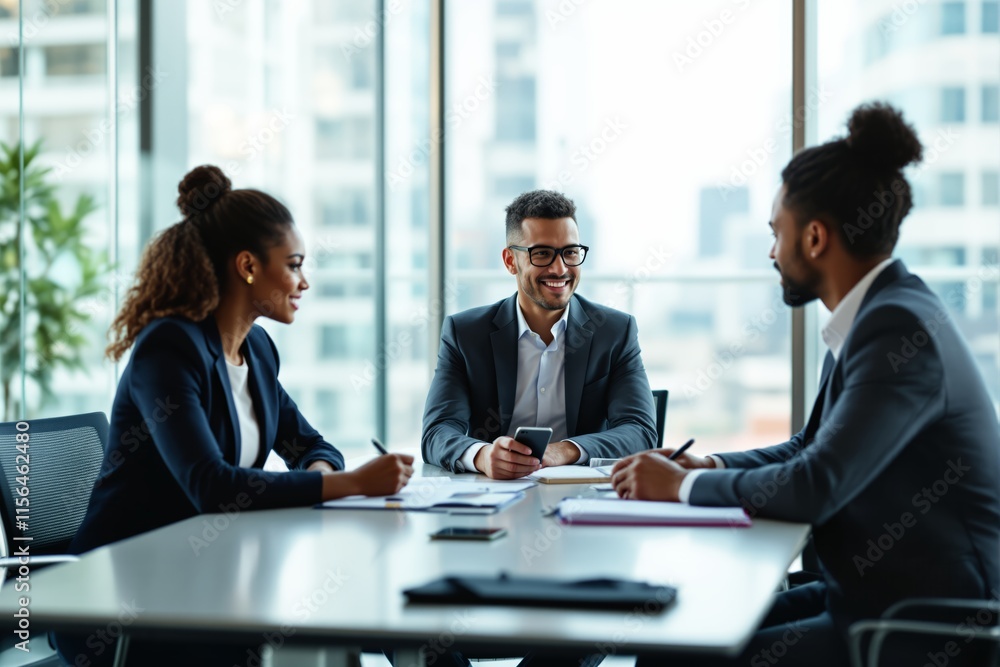 Poster three professionals in formal attire discussing at a conference table in a modern office with citysc