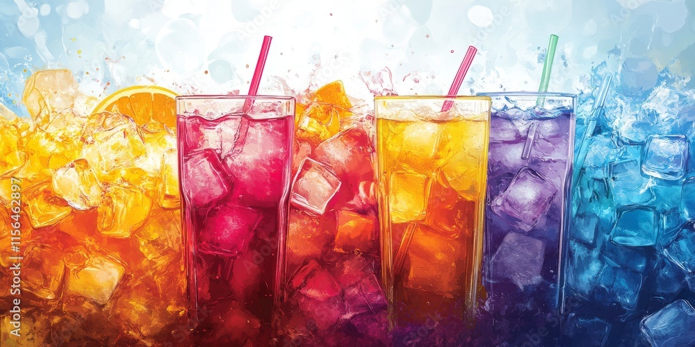 Aufkleber a colorful array of drinks with straws in them. the drinks are in a row and are in different colors