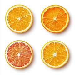 Obraz premium Bright orange slices are neatly displayed against a clean white backdrop, highlighting freshness