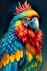 Obraz premium A majestic portrait of a parrot with a fiery red beard, rendered in intricate watercolor art, reminiscent of elaborate gilding, set against a backdrop of dark cyan and bronze hues