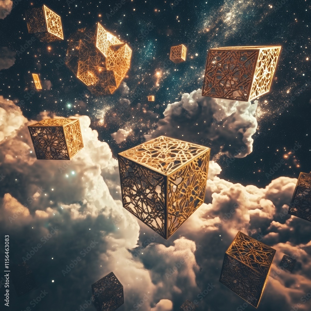 Poster a bunch of cubes are floating in the sky. some of them are gold. there are many cubes in the sky