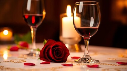 Happy Valentine's Day, close-up of a romantic table setting featuring a glass of red wine, a single red rose, and a candlelit glow, elegant reflections and soft focus