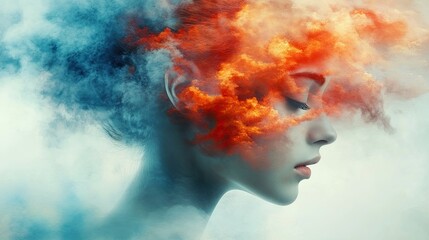 Serene woman's profile engulfed in vibrant, surreal cloudscape.