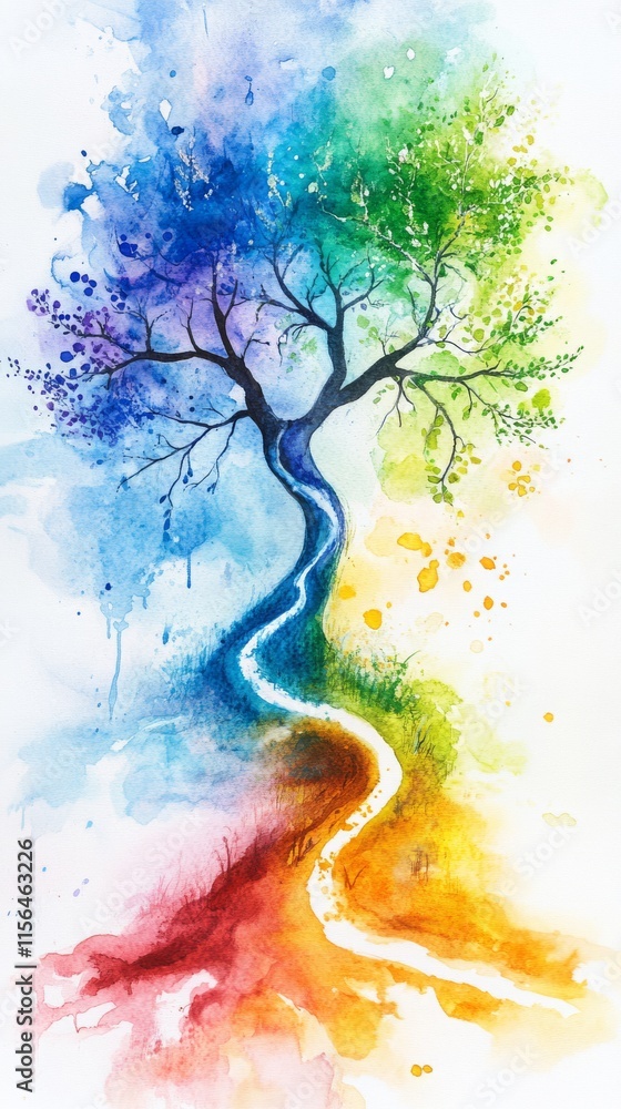 Poster a tree with a rainbow colored trunk. the trunk is split into four sections, each section is a differ