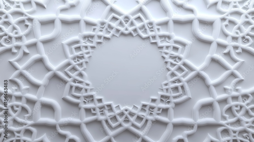 Poster a white background with a white circle in the middle. the circle is surrounded by a pattern of white
