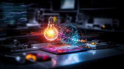Obraz premium Innovative lightbulb technology showcases student success educational lab infographic digital realm close-up progress