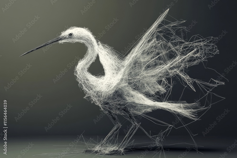 Poster a striking abstract bird sculpture made of wireframe lines, showcasing a minimalist and dynamic desi