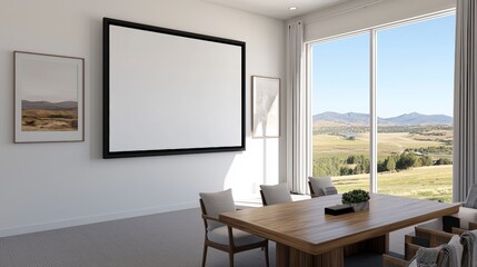 Modern Conference Room with Mountain View  Wooden Table  and Projector Screen