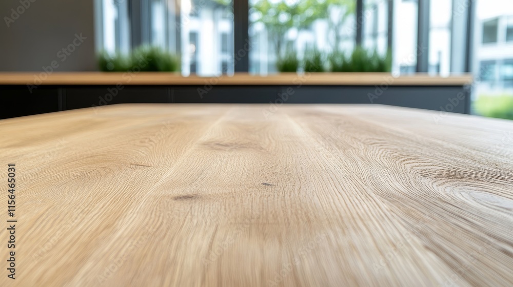 Poster close-up view of a natural wood table surface highlighting the grain and texture in a modern indoor 