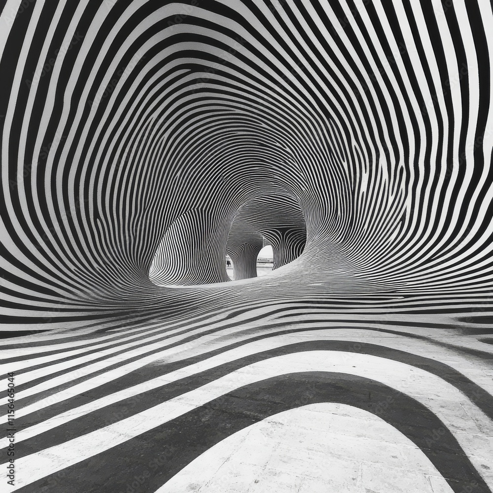 Aufkleber a mesmerizing black and white striped tunnel with curved patterns, creating a stunning optical illus
