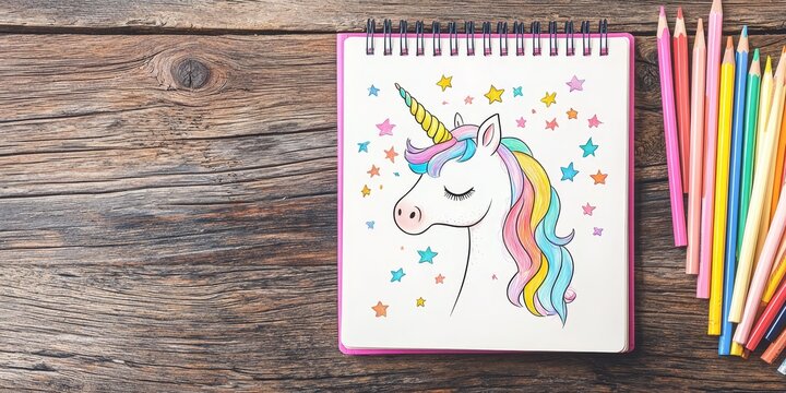 Frowning Unicorn-Themed Notebook with Colorful Pages and Pencils