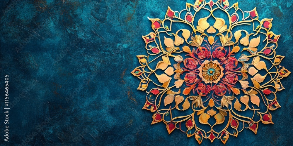 Poster a beautiful blue background with a gold and red flower in the center. the flower is surrounded by in