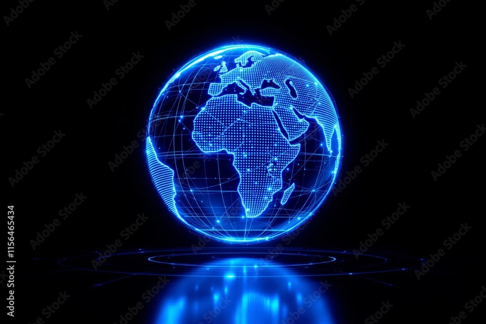 Poster digital globe with glowing blue lights and gridlines, surrounded by futuristic elements on a dark ba