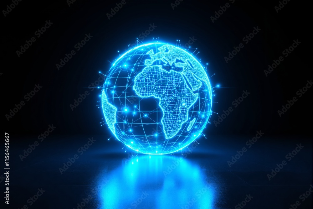 Poster a glowing digital globe with wireframe continents and connecting nodes, illuminated in blue tones on