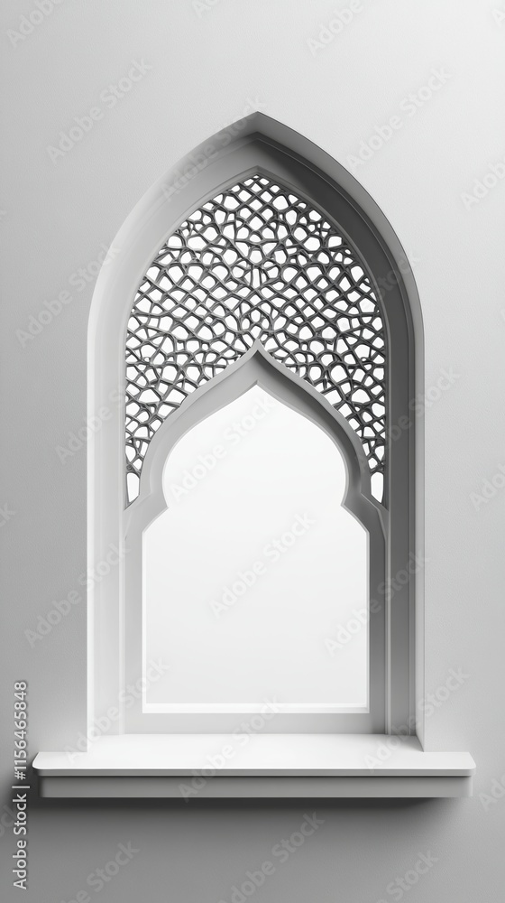 Poster a window with a white frame and a white wall. the window is located on the side of a mosque and is t