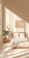 A serene minimalist bedroom featuring a wooden bed, soft lighting, and a lush indoor plant, bathed in natural sunlight.