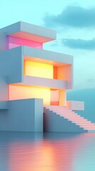 Fototapeta premium Futuristic Modern Architecture Geometric House Design Sunset Glow