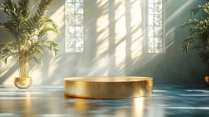 Empty golden podium with glossy surface and soft shadows 