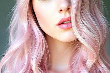 Fototapeta premium Close-up Portrait of a Young Woman with Pastel Pink Hair and Soft Makeup