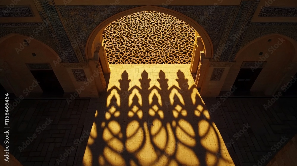 Poster a mosque with a large archway and a shadow of the archway on the ground. the archway is decorated wi