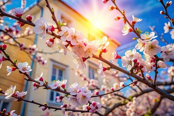 Spring Apricot Blossoms, Blue Sky, Sunlight, Architectural Photography