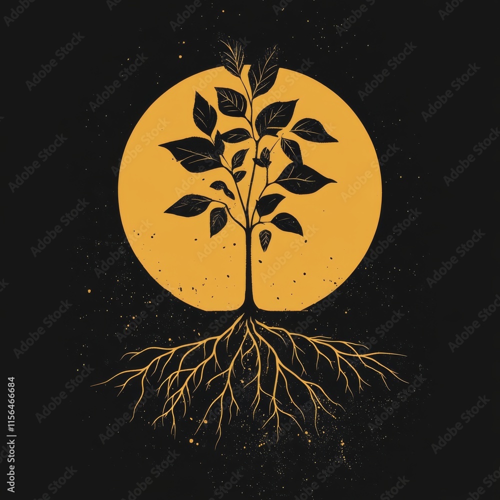 Poster a tree with roots is shown on a black background. the roots are spread out and the tree is surrounde