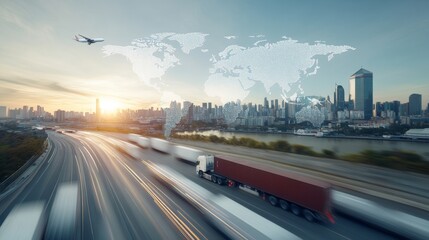 Obraz premium Urban Traffic Scene at Sunset with Global Map Overlay Featuring Trucks and City Skyline, Showcasing Connectivity and Modern Transportation Dynamics