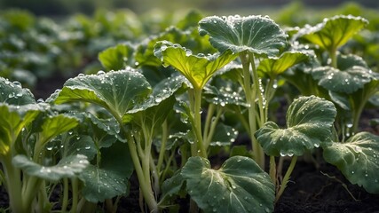 "Morning Dew on Daikon Radishes: A Close-Up of Leaves and Radish Bulbs"
