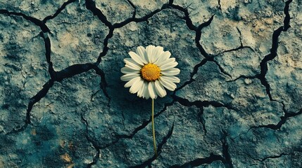 Single daisy blooming in cracked, dry earth.