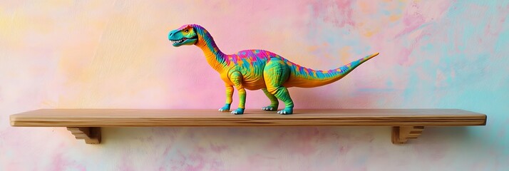 Toy dinosaur with bright colors on a wooden shelf against a pastel wall